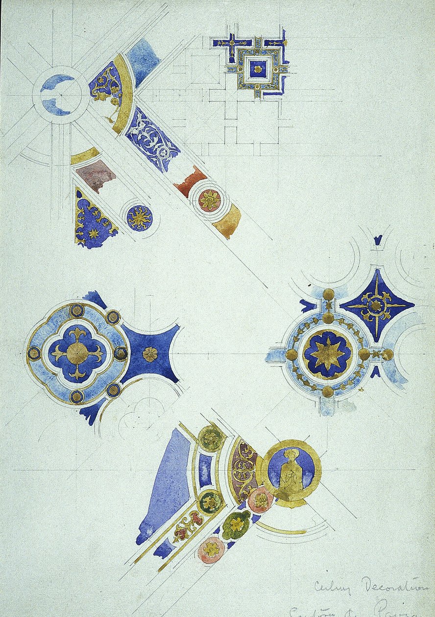天花板装饰，Certosa di Pavia，1891年（纸上铅笔和水彩） 作者 查尔斯·雷尼·麦金托什