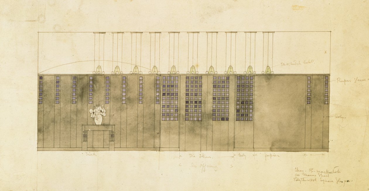 墙壁，桌子和门的设计，1905年（纸笔上的笔和墨水） 作者 查尔斯·雷尼·麦金托什