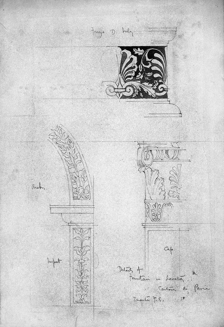 详细信息喷泉在洗手间，Certosa di Pavia，1891年（铅笔和灰色洗在纸上） 作者 查尔斯·雷尼·麦金托什