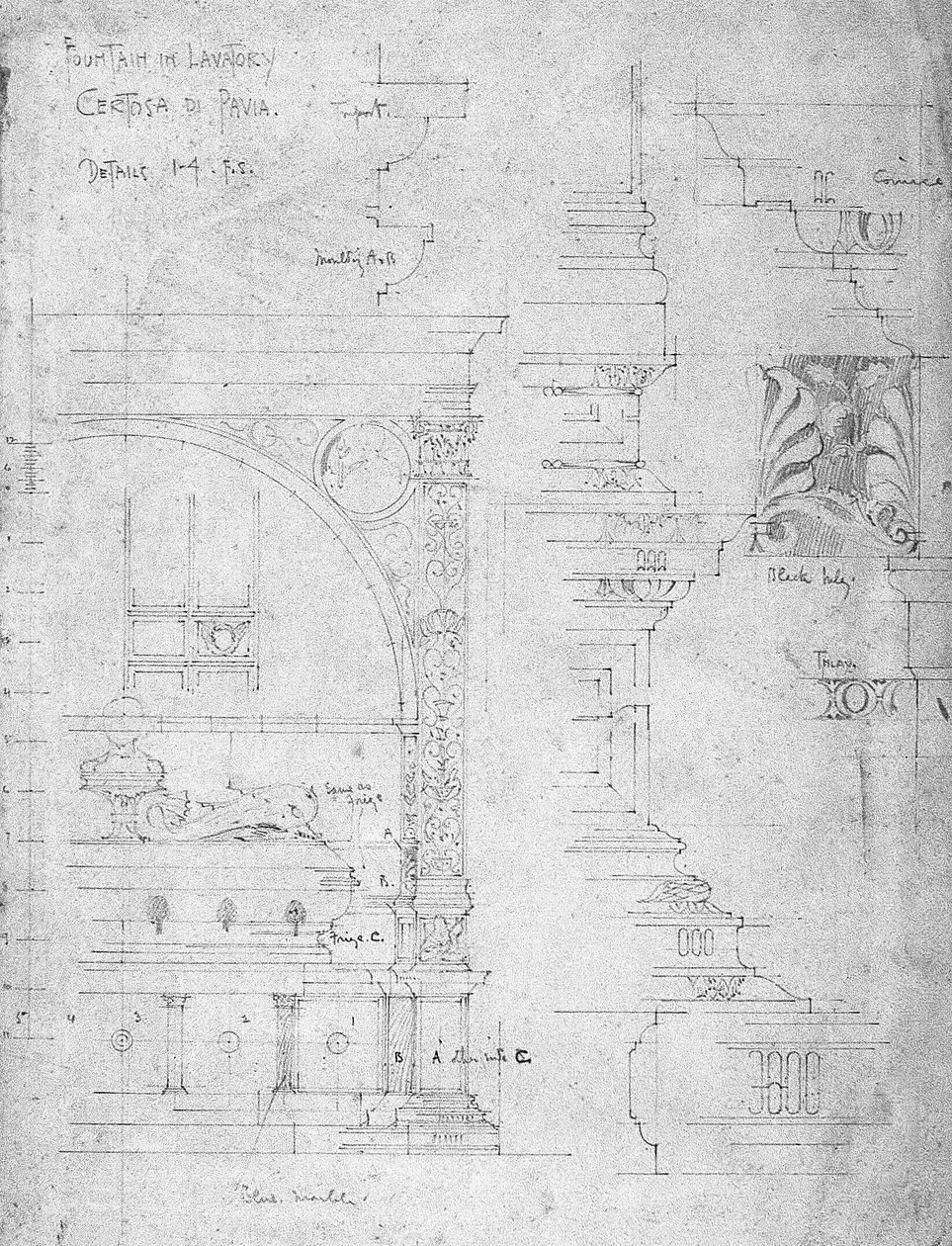 喷泉在洗手间，Certosa di Pavia，1891年 作者 查尔斯·雷尼·麦金托什