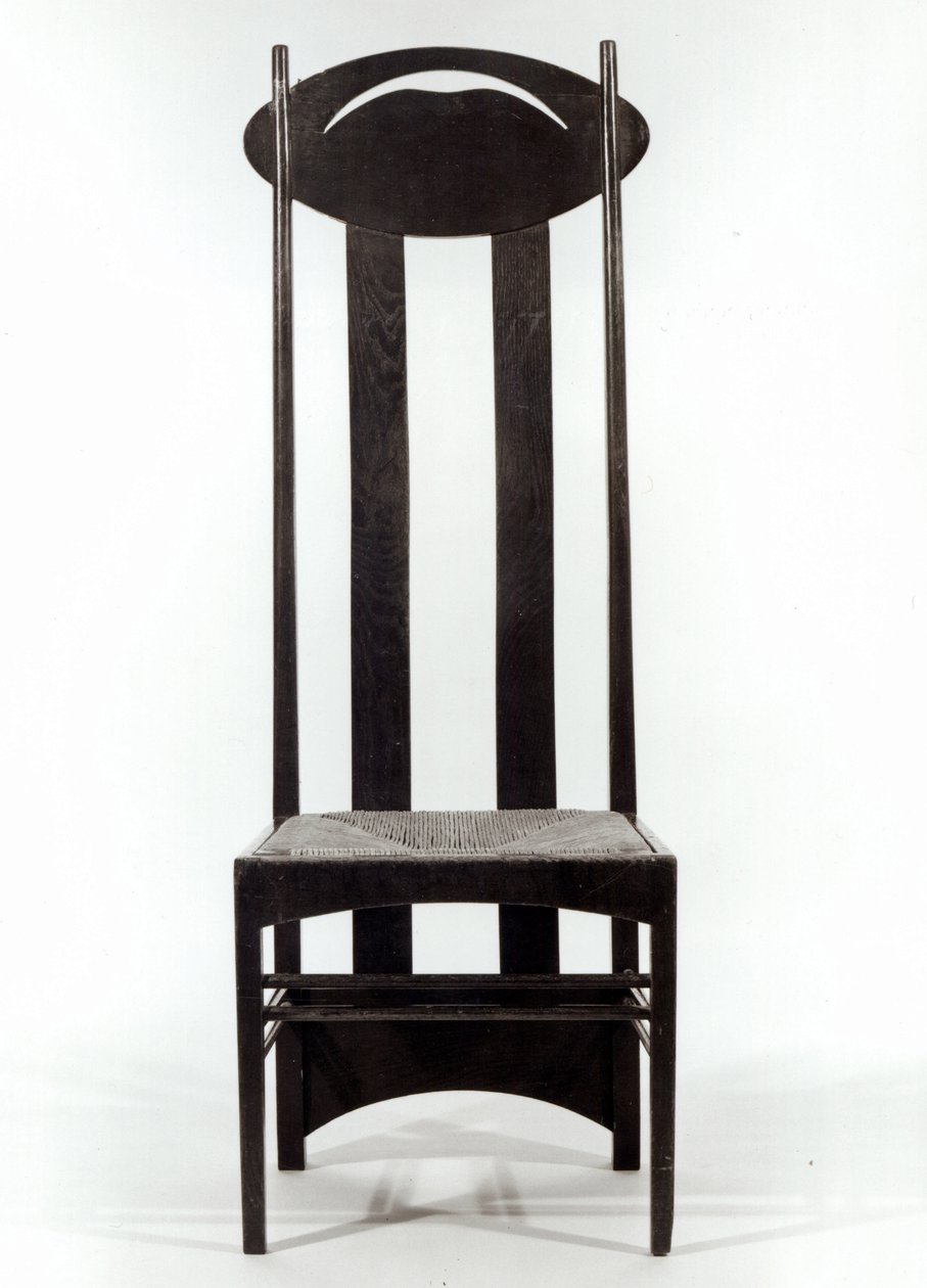 高背椅，c.1897（深色橡木，带有匆忙座椅和穿孔椭圆形后背轨道） 作者 查尔斯·雷尼·麦金托什