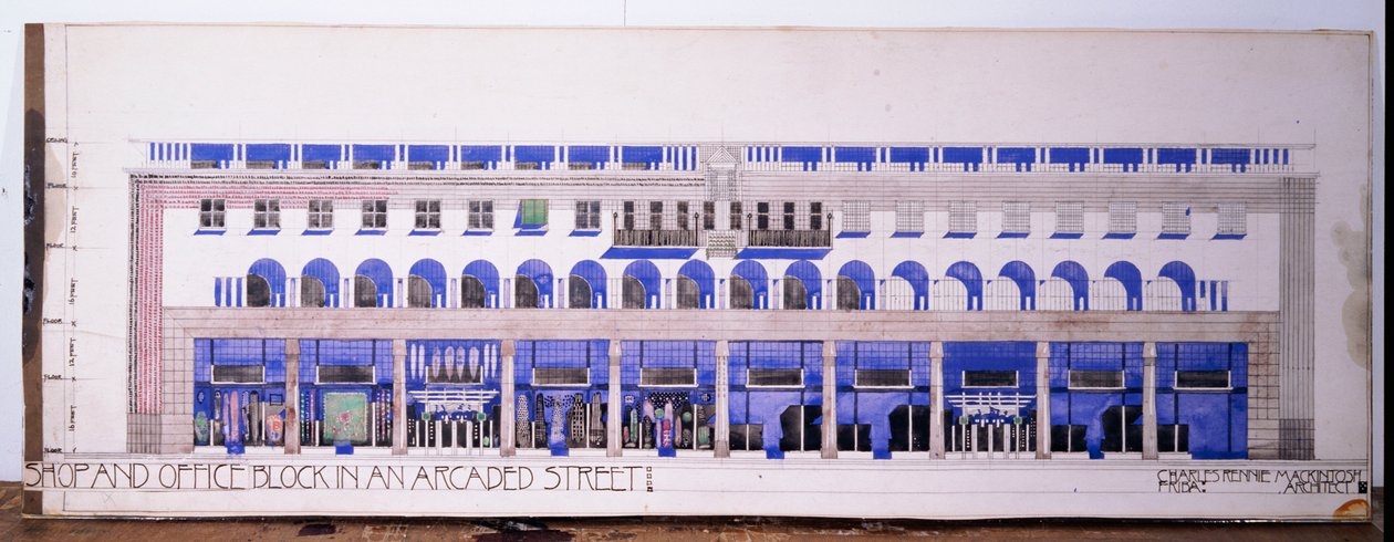 以前未记录的商店和拱廊街建筑图，摄于1915年 作者 查尔斯·雷尼·麦金托什