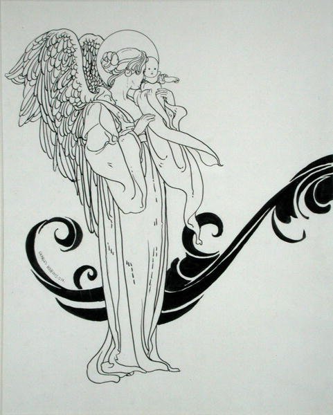 天使和婴儿，来自《安徒生童话》的插图，1899年出版（纸上笔墨）。 作者 查尔斯·罗宾逊