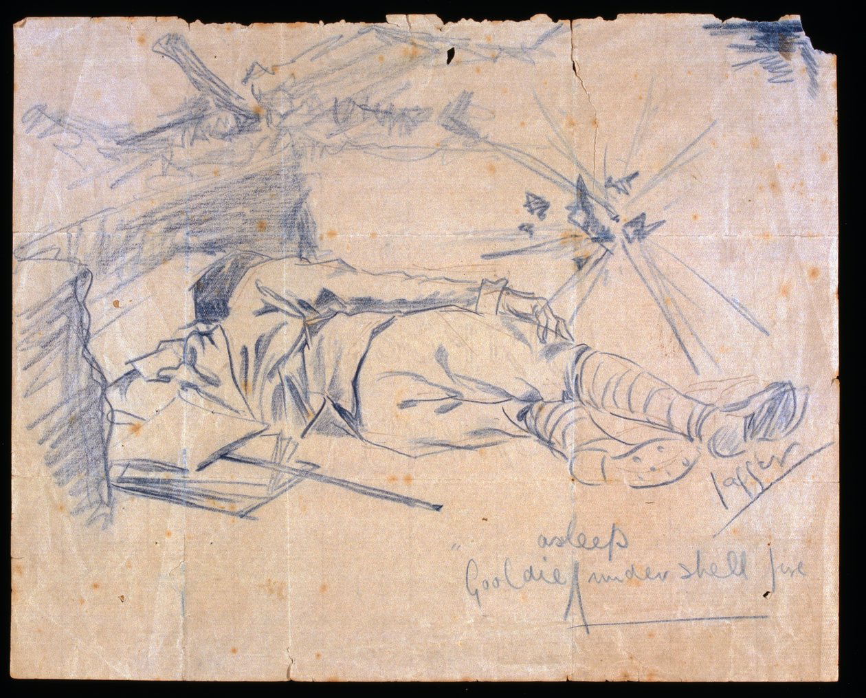 Leslie Gooldie中尉在炮弹下睡着了，1915年 作者 查尔斯·谢尔盖特·贾格尔