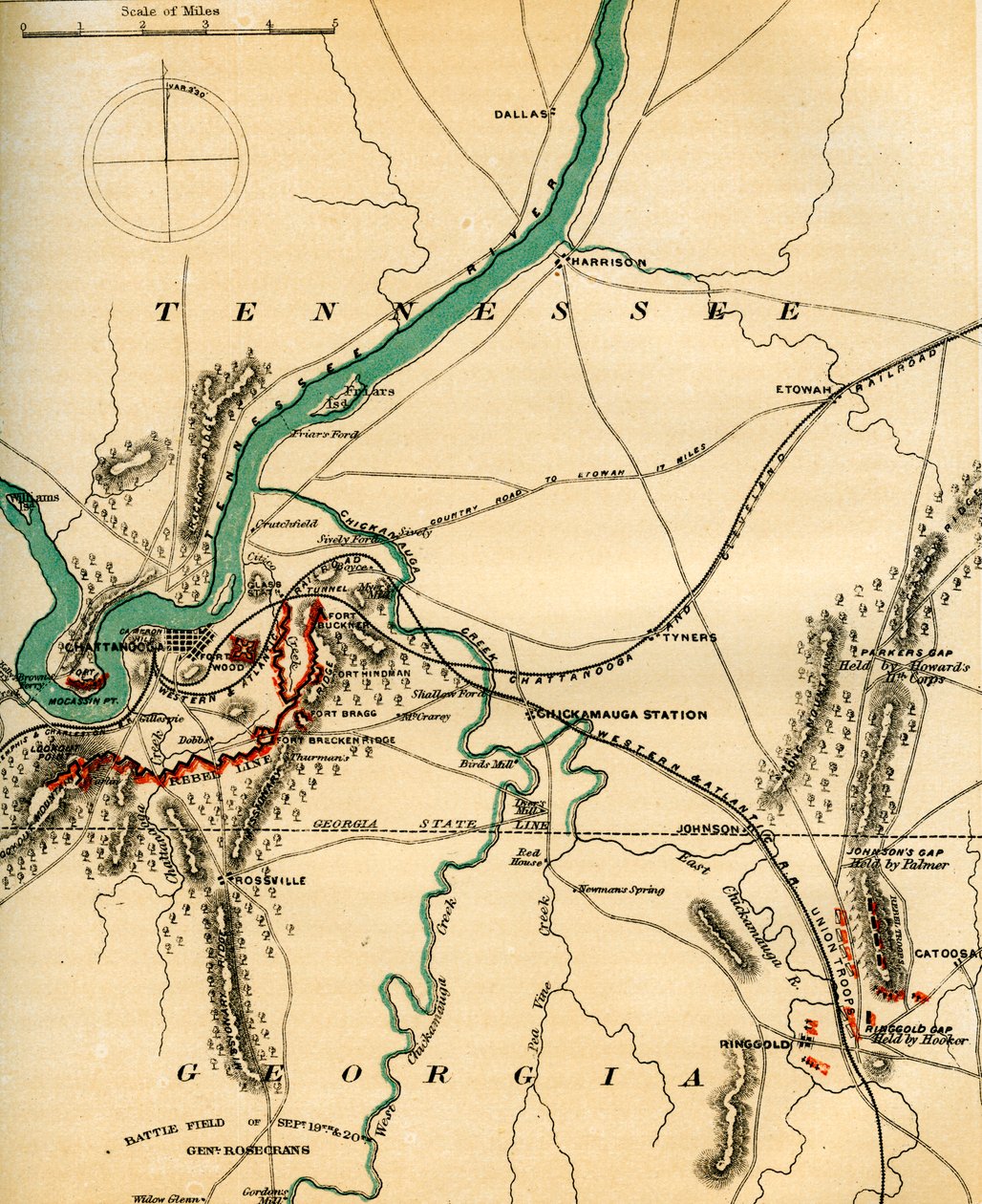 查塔努加及其防御的地图，田纳西州，1862-1867。 作者 查尔斯·肖尔