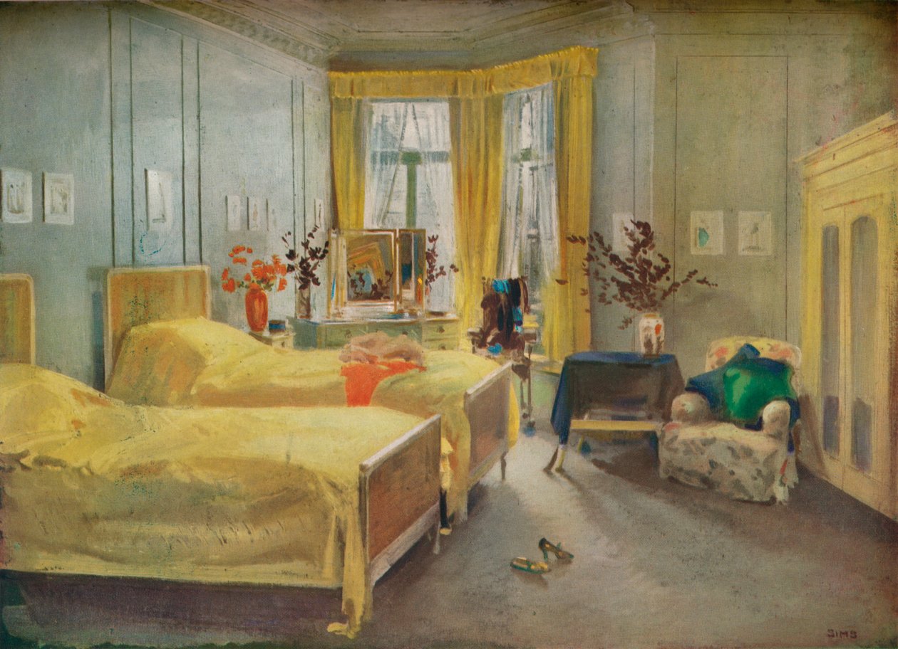 室内场景：Mme设计的卧室。格洛丽亚·席尔瓦（Gloria Silva），1922年在伦敦大都会酒店 作者 查尔斯·西姆斯