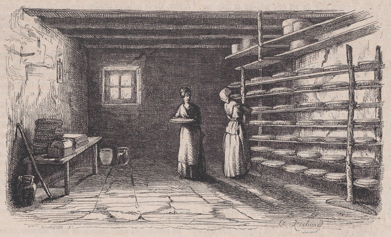 Une fromagerie, from Magasin Pittoresque, ca. 1852. 作者 查尔斯·塔米西耶