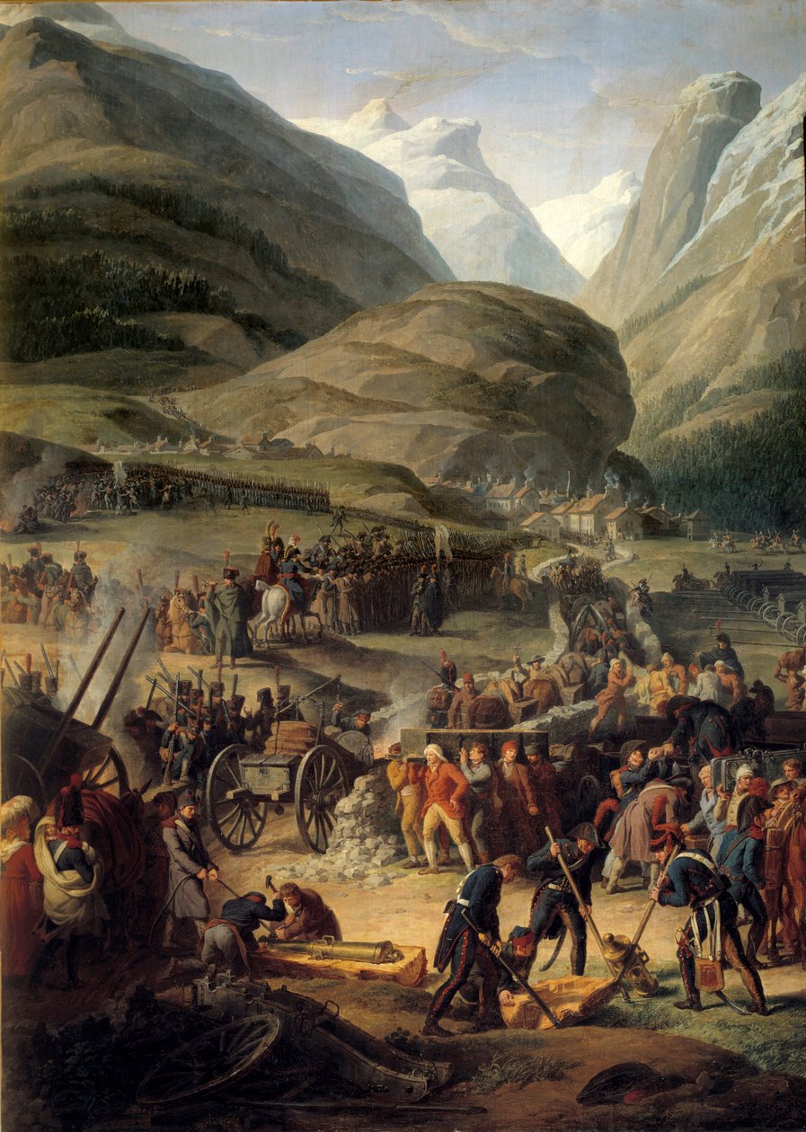 1800 年 5 月 20 日，法国军队在圣皮埃尔堡穿越大圣伯纳 (Grand Saint Bernard) - Charles Thevenin (1764-1838) 作画 作者 查尔斯·戴维宁