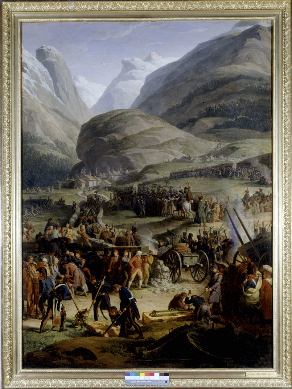 法国军队在圣皮埃尔村穿越圣伯纳山口 - 查尔斯戴维宁，油画，19 世纪初。 作者 查尔斯·戴维宁