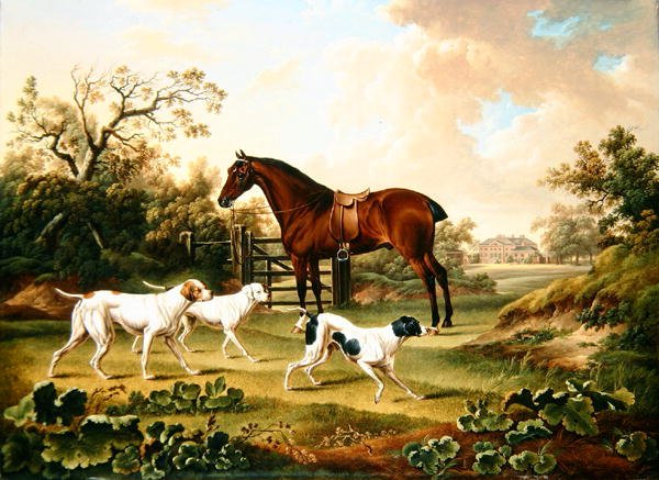 风景中的海湾猎人和三只尖头鸟，远处是莱斯顿厅（布面油画）。 作者 查尔斯·汤恩