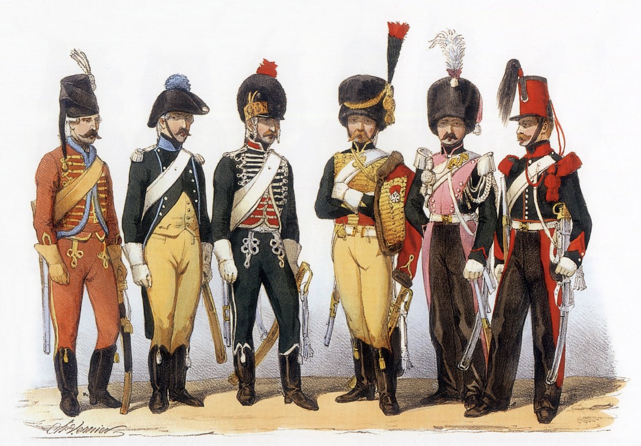 法国军队服装：枪骑兵g-d：1745年的锉刀猎人（路易十五时期）； 1785 年路易十六统治时期； 1794年共和国； 1810年帝国卫队（第一帝国）； 1824年皇家卫队（恢复）； 1840 年，查尔斯·维尼尔 (Charles Vernier，1831-1887) 绘制。 作者 查尔斯·韦尼尔