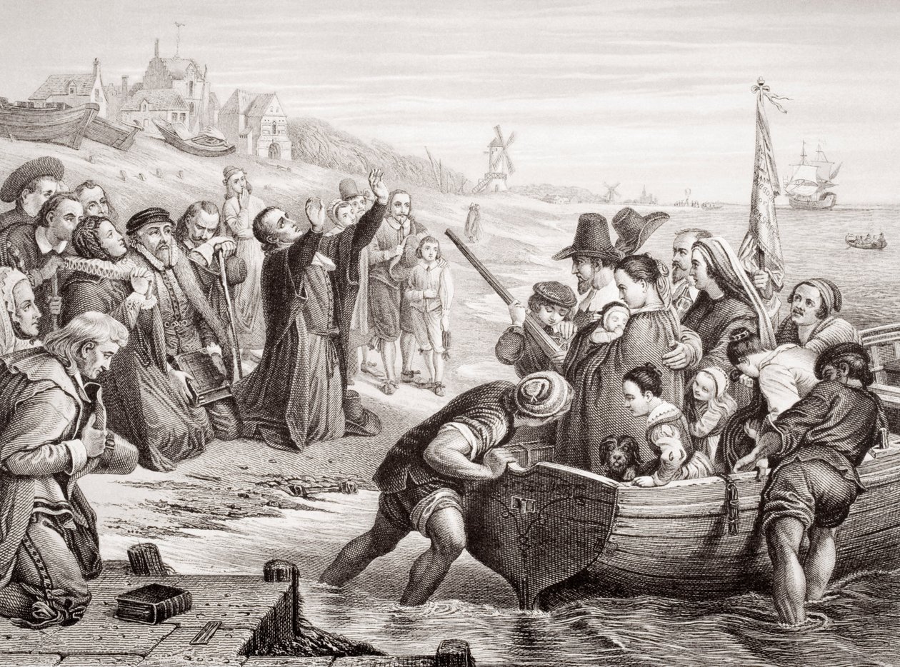 1620年7月，从“英国和苏格兰历史插图”第一卷（雕刻）中，朝圣者父亲离开代尔夫特港 作者 查尔斯·韦斯特·科普