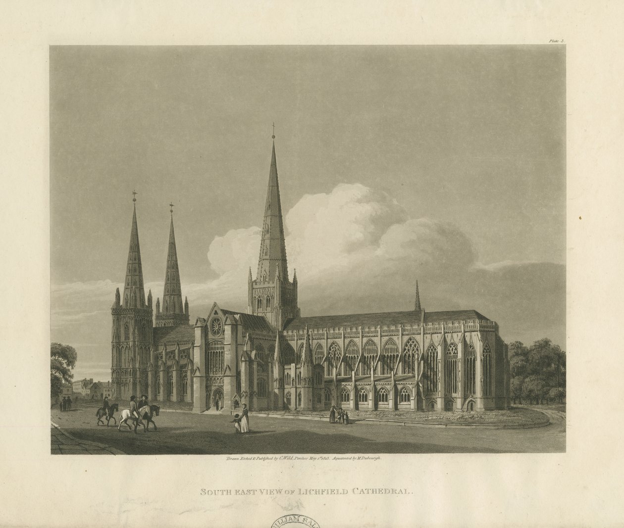 利奇菲尔德大教堂（Lichfield Cathedral）-东南视图：浅绿色雕刻，1813年 作者 查尔斯怀尔德