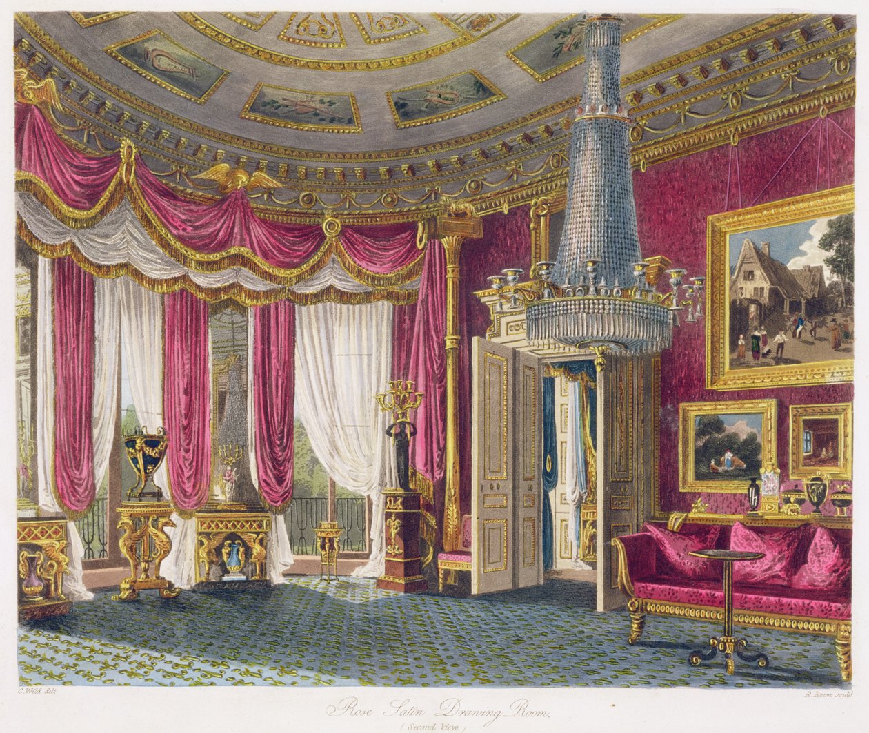 Rose Satin Drawing Room（第二景观）Carlton House，由R. Reeve（fl.1811-37）镌刻自威廉亨利派恩（1769-1843）酒吧的“皇家住所的历史”。 1818 作者 查尔斯怀尔德
