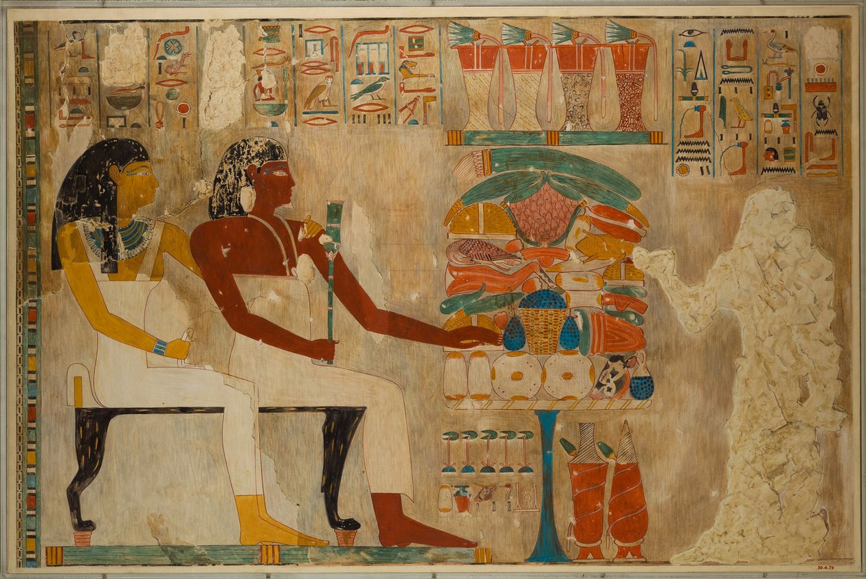 Vizier Rekhmire和他的母亲Meryt提供食品，c.1928（纸上蛋彩画） 作者 查尔斯·威尔金森