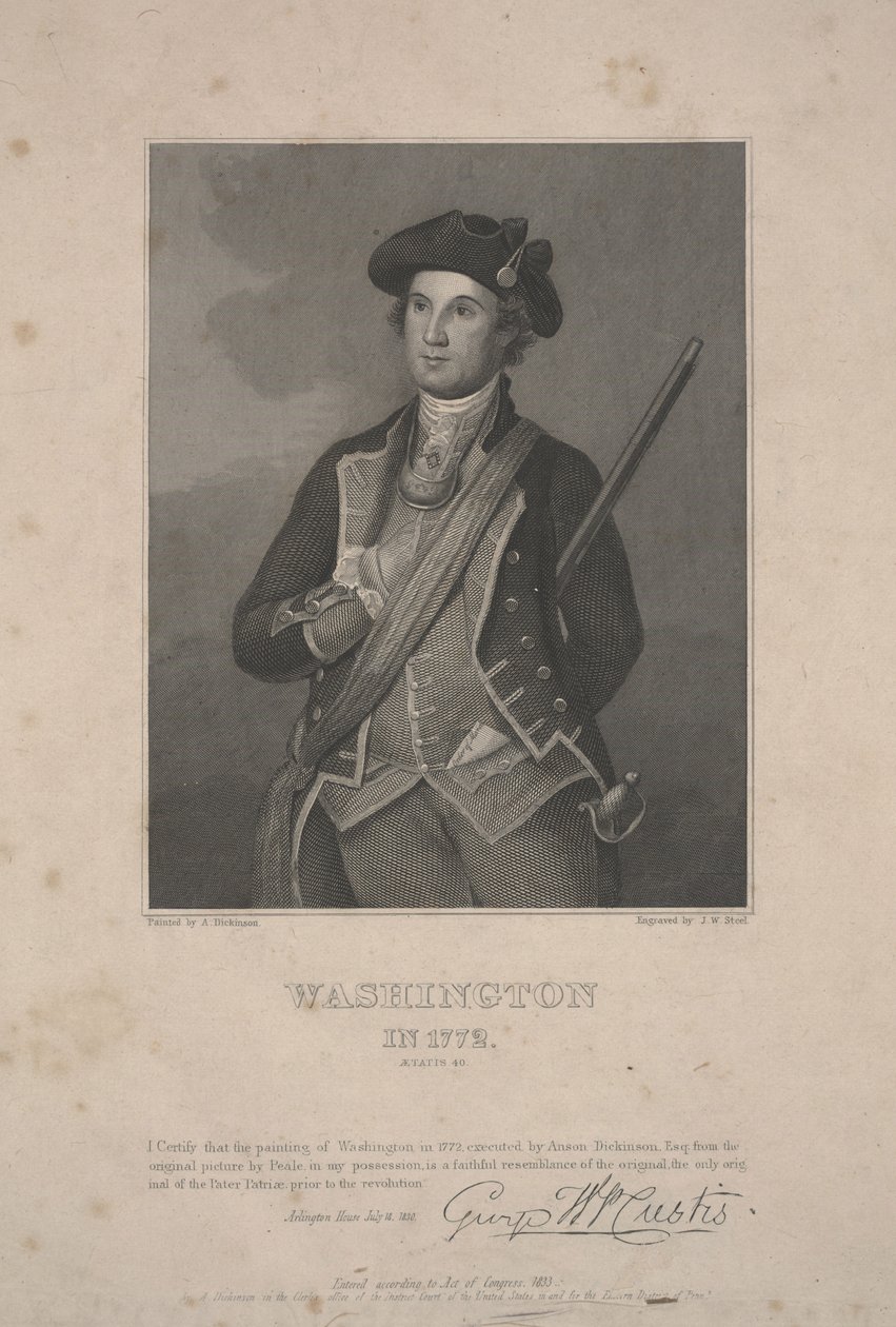 华盛顿在1772年，由安森·迪金森（Anson Dickinson c.1833）绘制（钢版画） 作者 查尔斯·威尔森（后）皮尔
