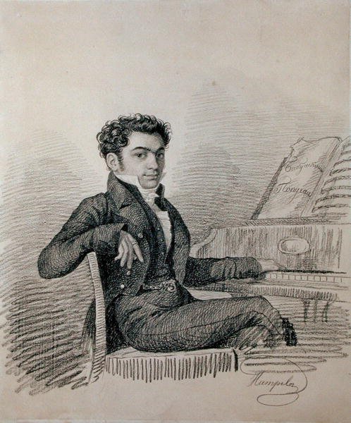 作曲家Alexei N. Verstovsky（1799-1862）的肖像（纸上的木炭） 作者 查尔斯·德·哈姆佩尔恩