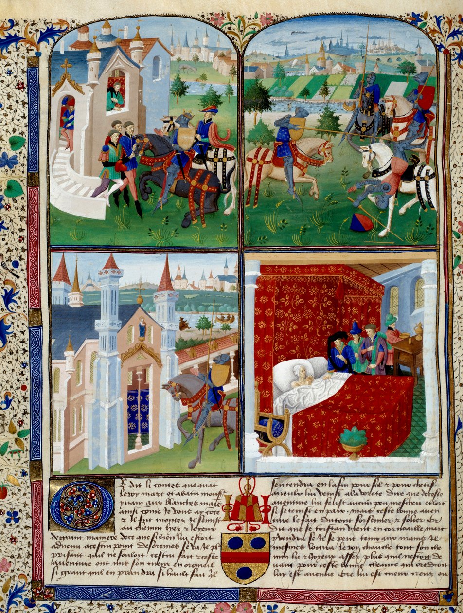 特里斯坦的小说插图：开始、比武和死亡。Dit De Charles Du Maine（约 1450 - 1460 年）大师的微型画。尚蒂伊，康德博物馆 作者 查尔斯杜缅因州大师