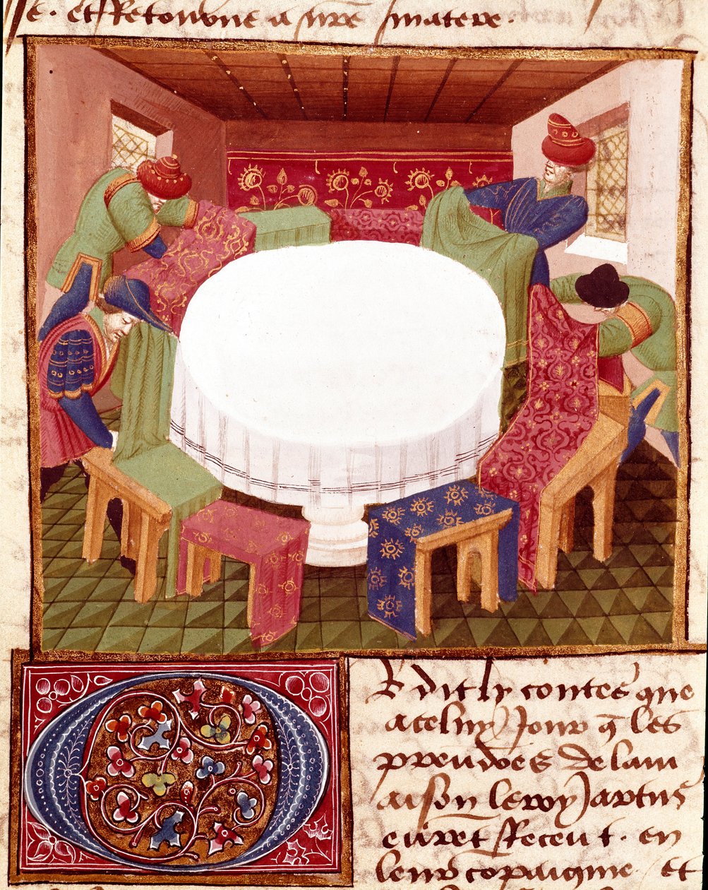 微型骑士抵达时的圆桌准备人员，选自 Charles de Maine 大师的《Romanesque du Chevalier Tristan》（贝鲁尔版）。1440-1460.尚蒂伊，康德博物馆 作者 查尔斯杜缅因州大师
