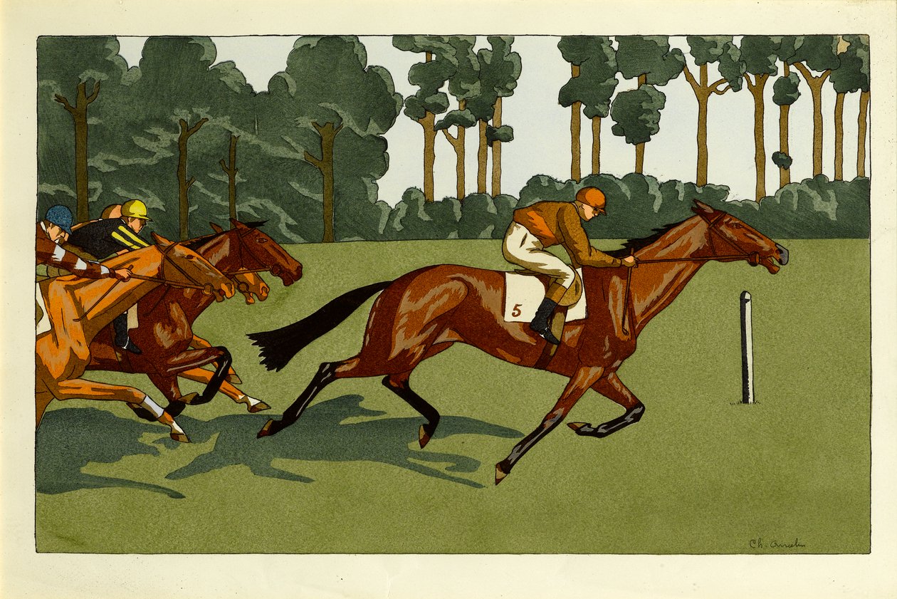 一套四个版画 -  Longchamps和其他种族，c.1910 作者 夏洛特·安塞林