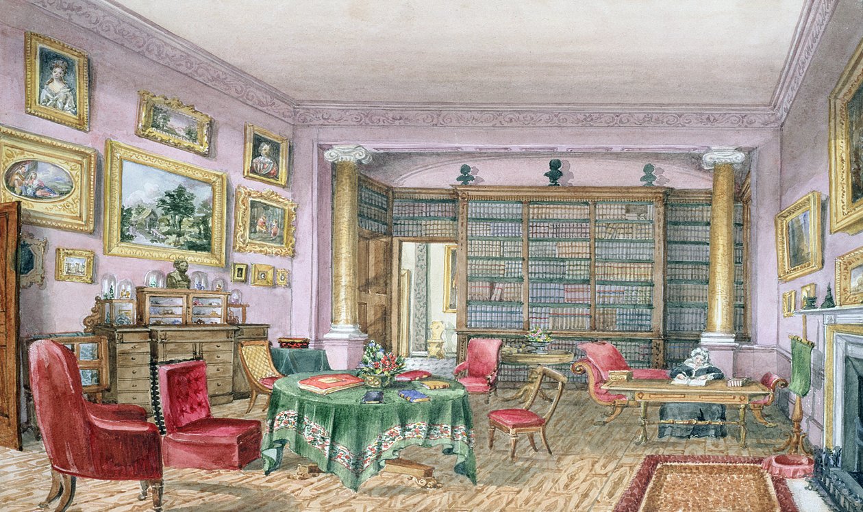 图书馆，Vinters，f.16来自&39;室内画册&39;，1843年 作者 夏洛特·博桑奎特（Charlotte Bosanquet）