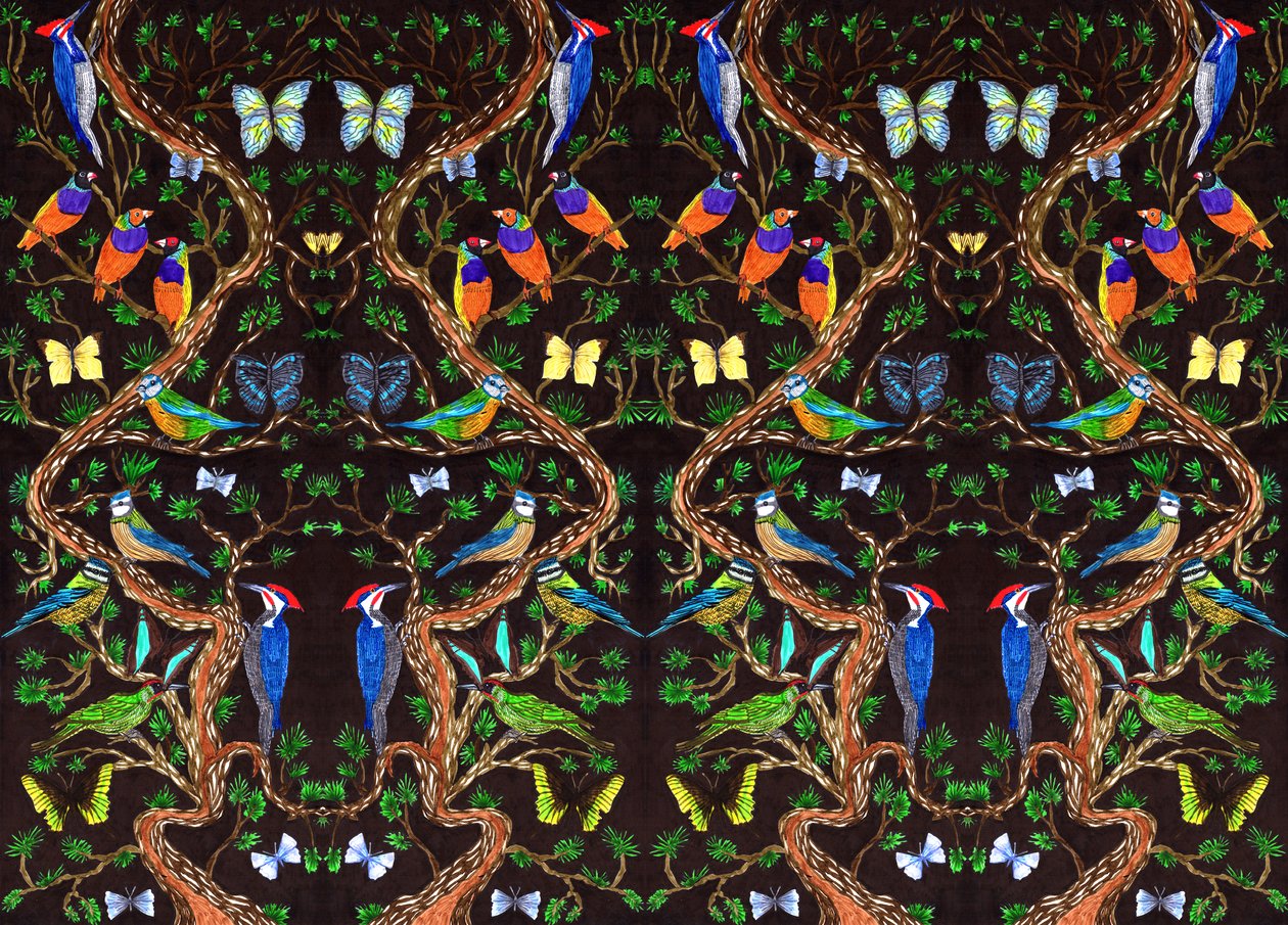 鸟类和蝴蝶，2019年（毛笔）。 作者 夏洛特奥尔