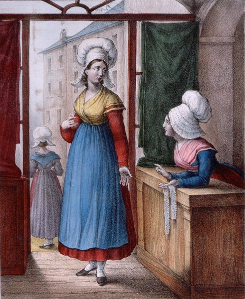 诺曼底阿夫朗什镇的妇女，来自 "服装套件 "的板块，约1845年（彩色平版印刷）。 作者 夏彭帝