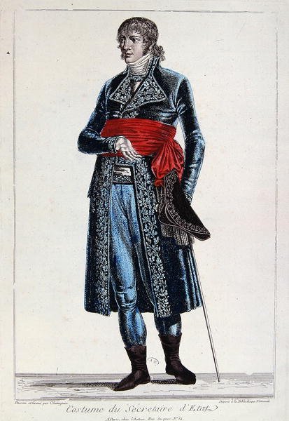 法国第一共和国执政期间（1799-1804年）国务卿的服装，约1800年（彩色雕刻）。 作者 聊天签名者 聊天签名者