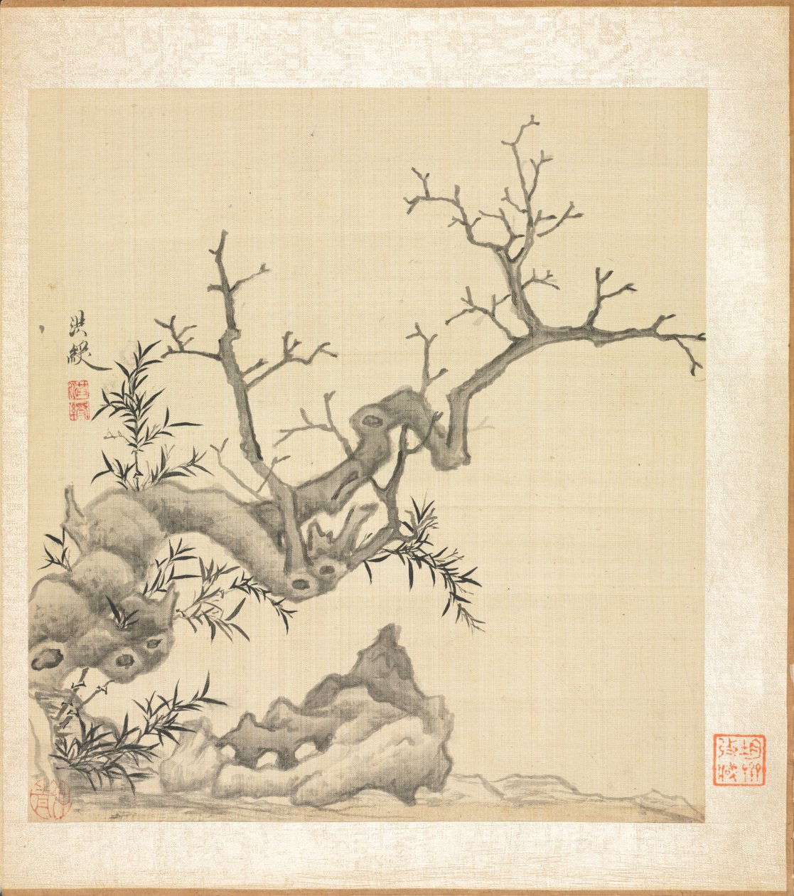 古代大师的画作：岩石、古树和竹子 作者 陈洪寿