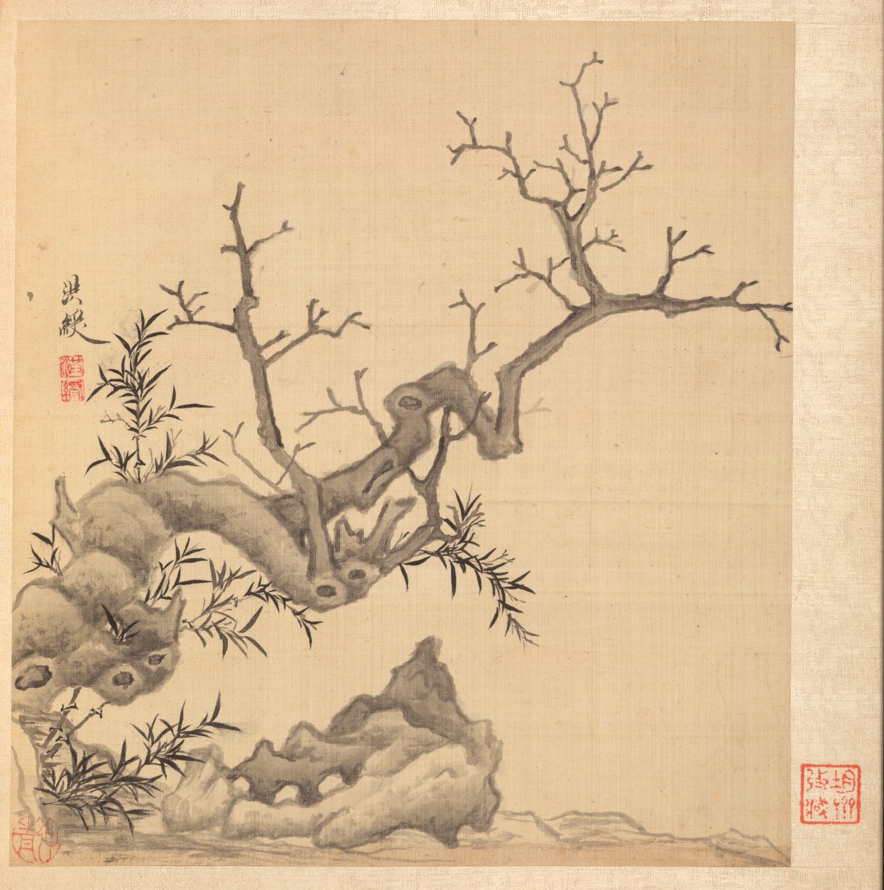 古代大师之后的绘画：岩石，老树和竹子，1598-1652年。 作者 陈洪寿