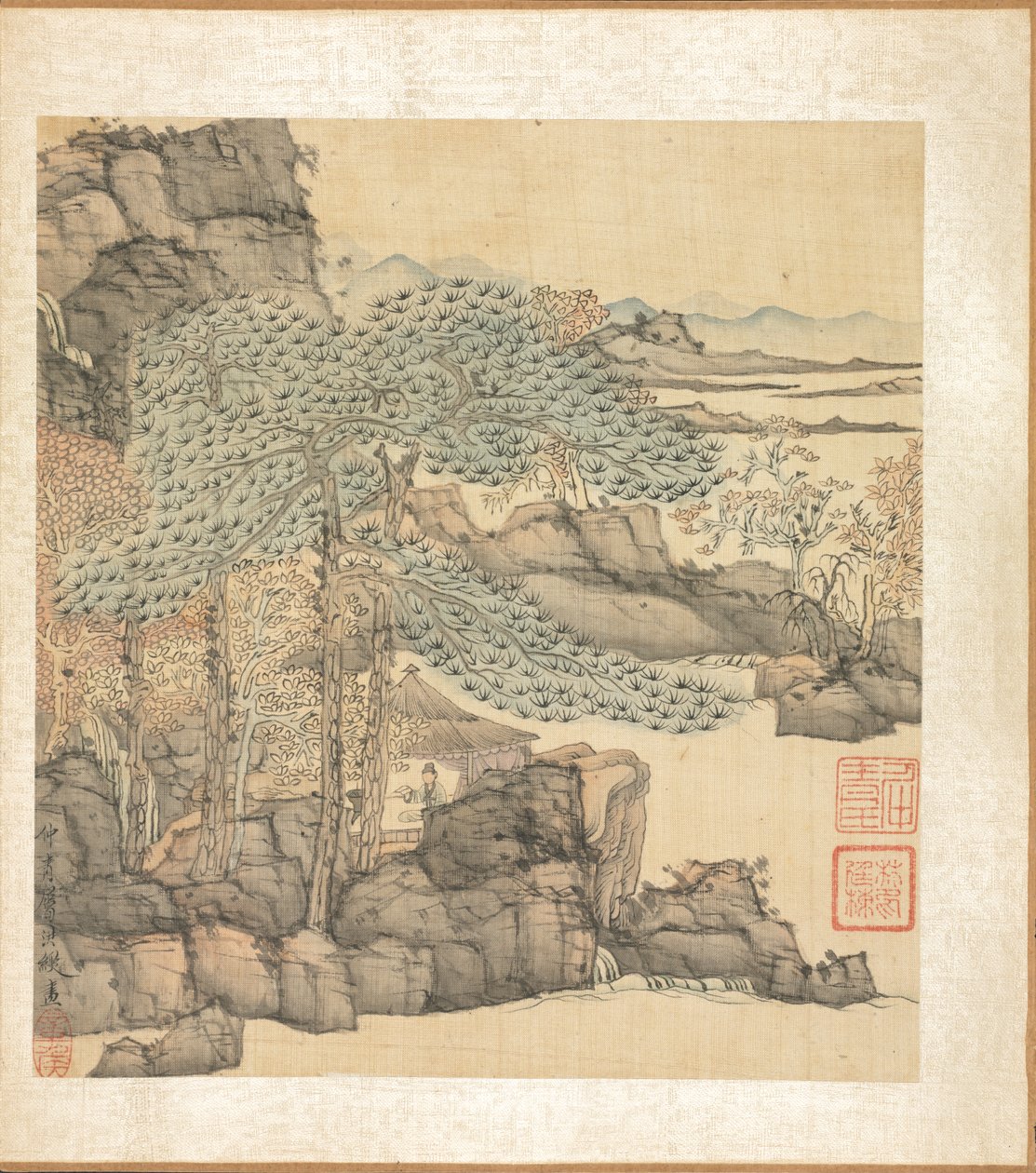 古代大师的画作：学者在瀑布边的茅草屋中读书 作者 陈洪寿