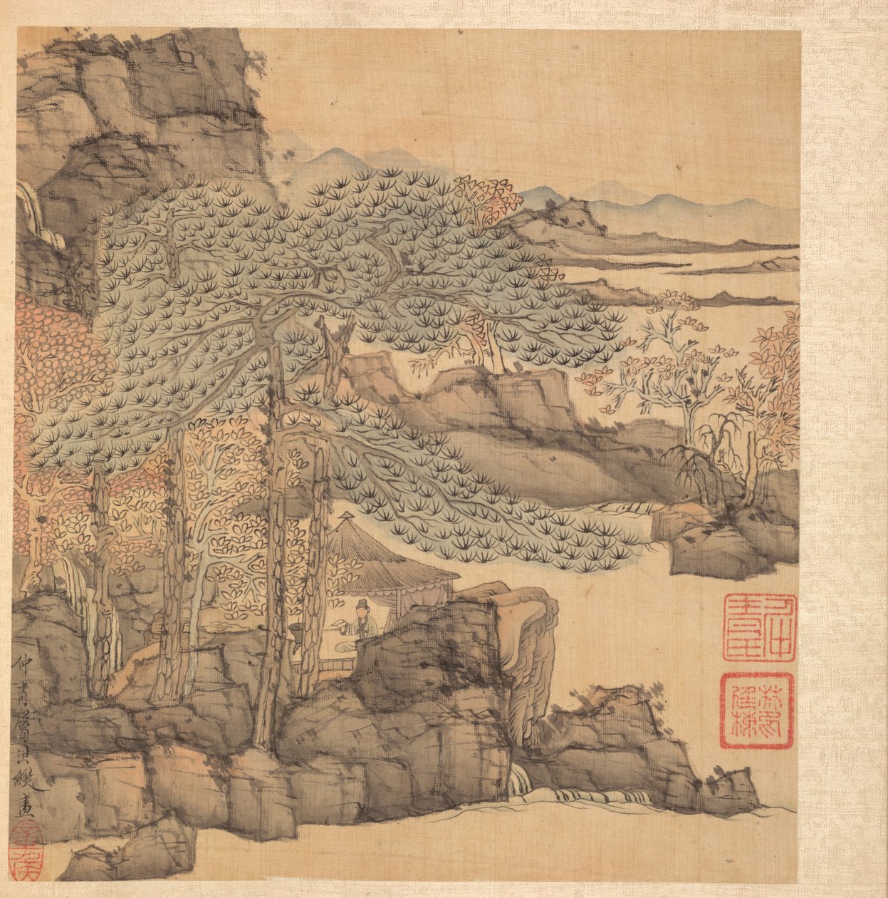 古代大师之后的绘画：学者在瀑布旁的茅草屋里读书，1598-1652年。 作者 陈洪寿