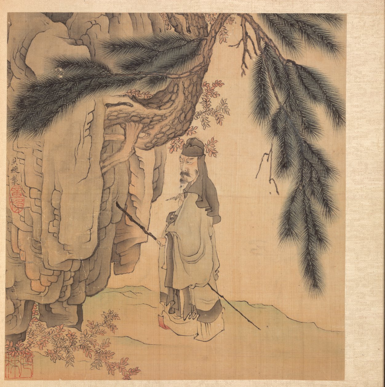 仿古代大师的绘画：持杖执笔的学者 作者 陈洪寿