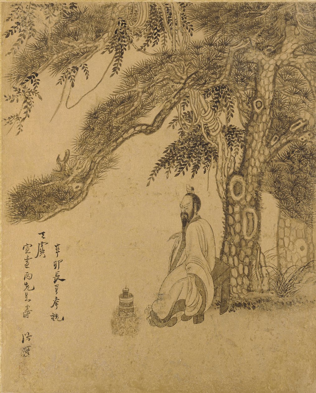 在松树下准备长生不老药，清朝，1651年（墨水在金纸上） 作者 陈洪寿