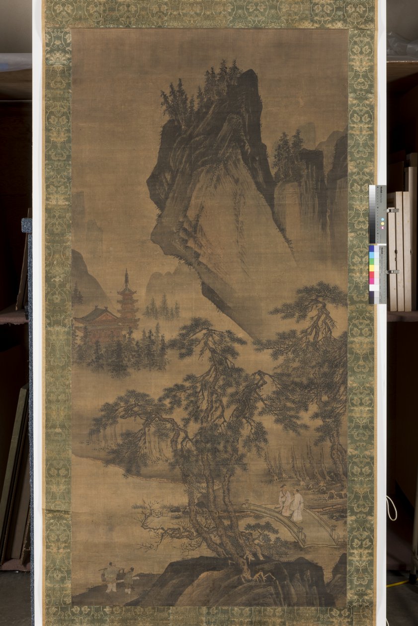 学者桥上交谈（绢本设色，锦绢裱纸） 作者 郴州