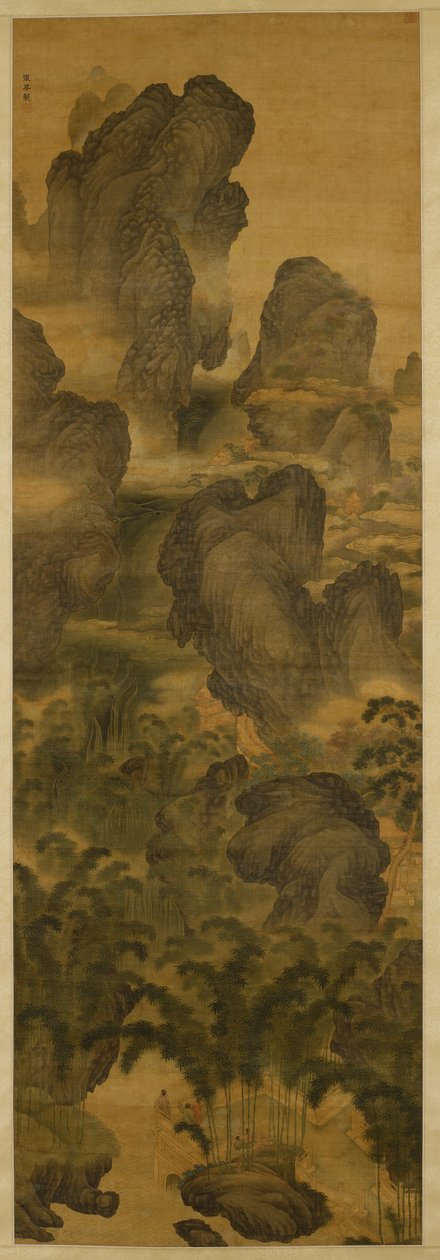 高耸的山脉和神奇的瀑布，约 1600 年（绢本水墨和彩色） 作者 张成龙