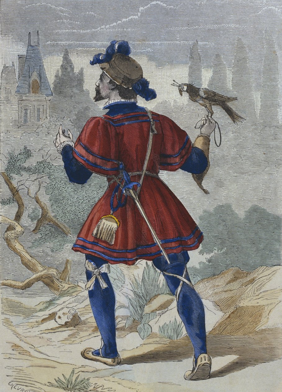16世纪FrançoisIer家庭中的Falconer，来自H. Gourdon de Genouillac的&39;Costumes de Paris a travers les siecles&39;（彩色雕刻） 作者 雪佛兰