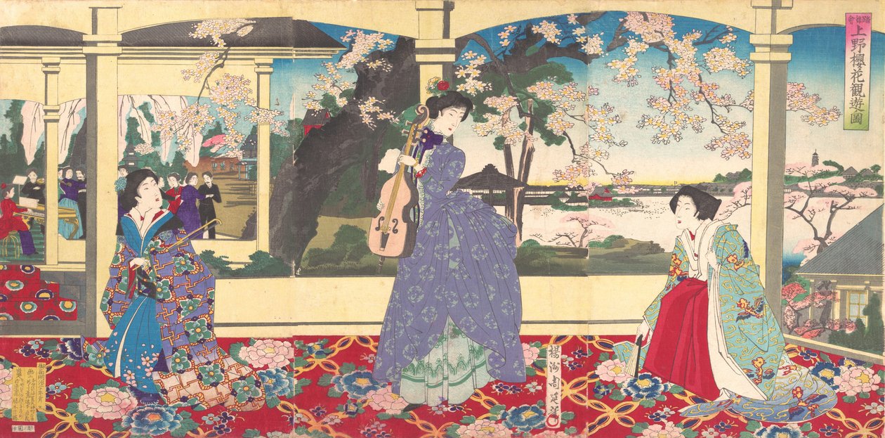 一场舞蹈聚会：在上野鸟居欣赏樱花 上野鸟居之z...，1887年3月。 作者 近信洋州