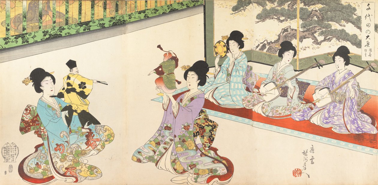 千代田城的侍女们：练剑和木偶京源，1895年。 作者 近信洋州