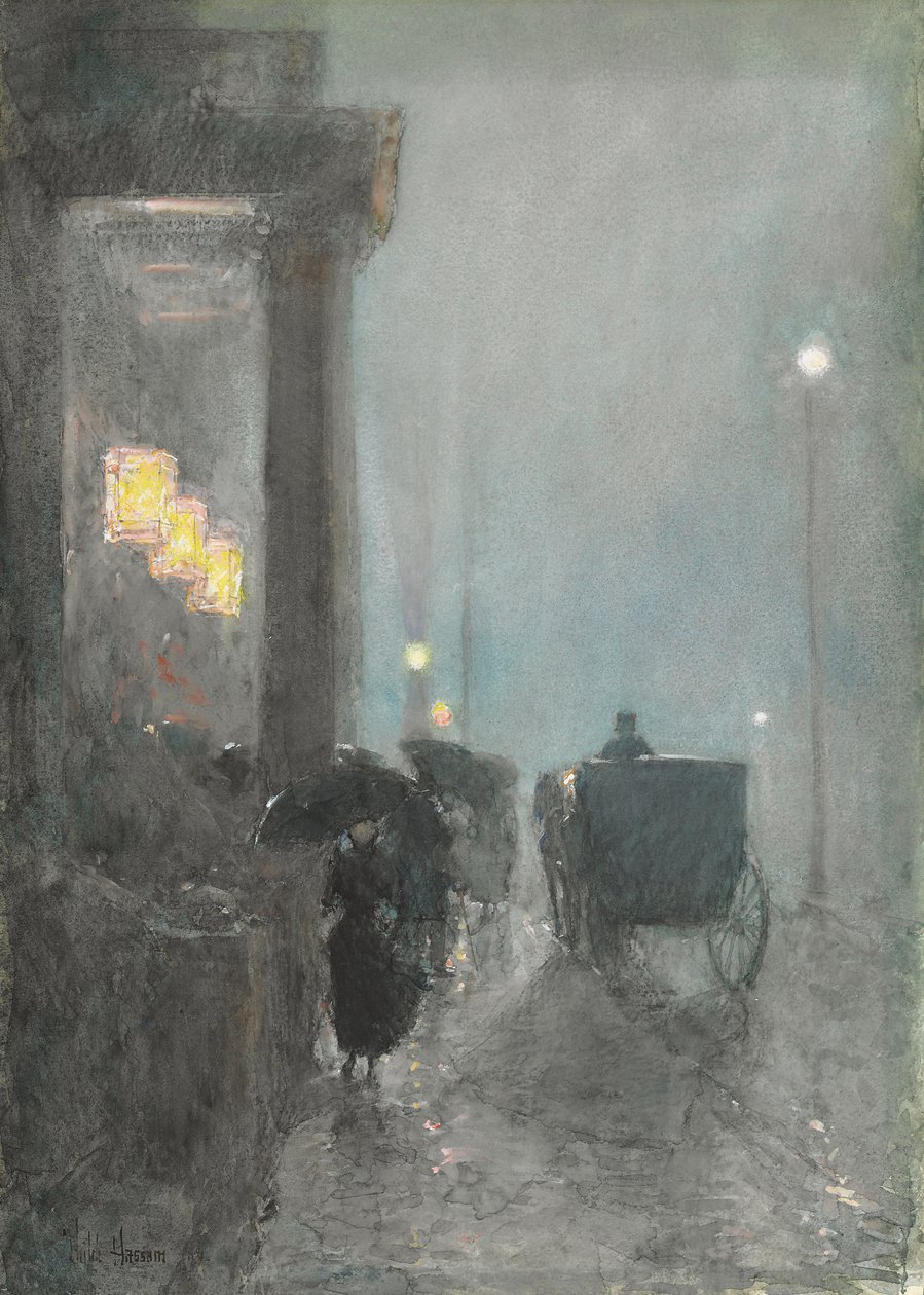 第五大道，《晚间》，c.1890-93（纸上水彩画、水粉画和粉彩画） 作者 柴尔德·弗雷德里克·哈萨姆