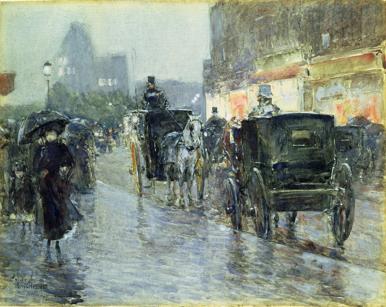 傍晚的马车，纽约，约 1890 年（纸上水彩和水粉画） 作者 柴尔德·弗雷德里克·哈萨姆