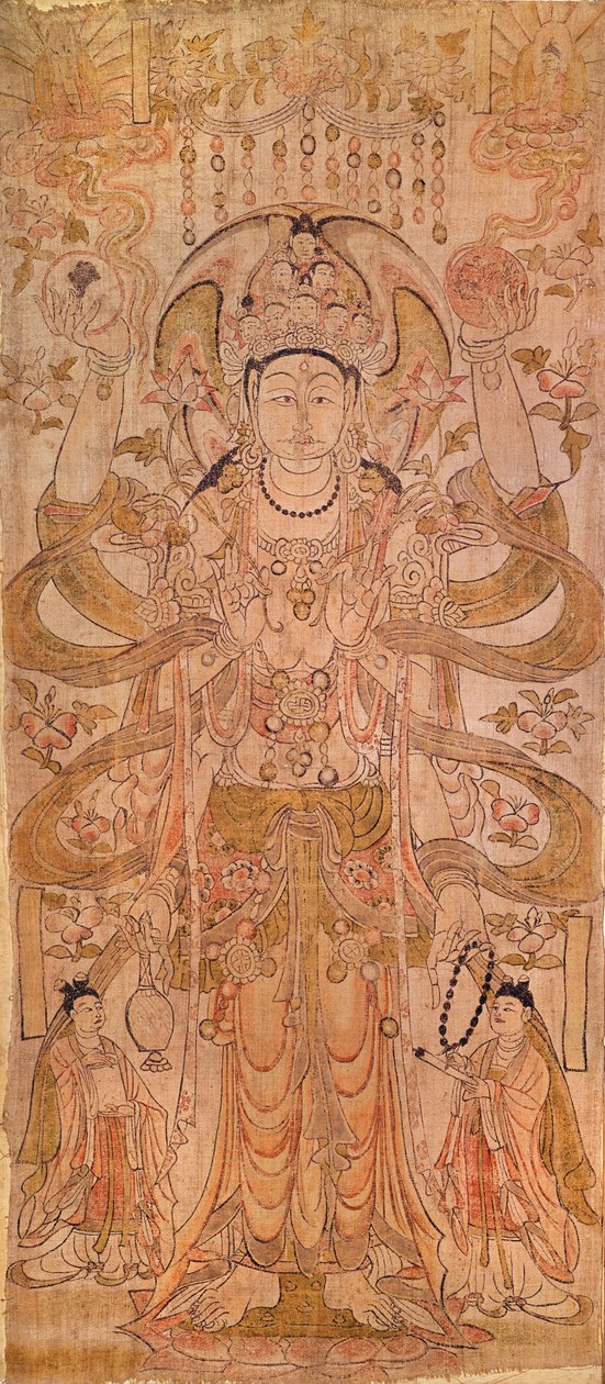 观音菩萨，九头六臂，来自甘肃省敦煌，唐朝（618-907）（画布上的墨水） 作者 中文学校