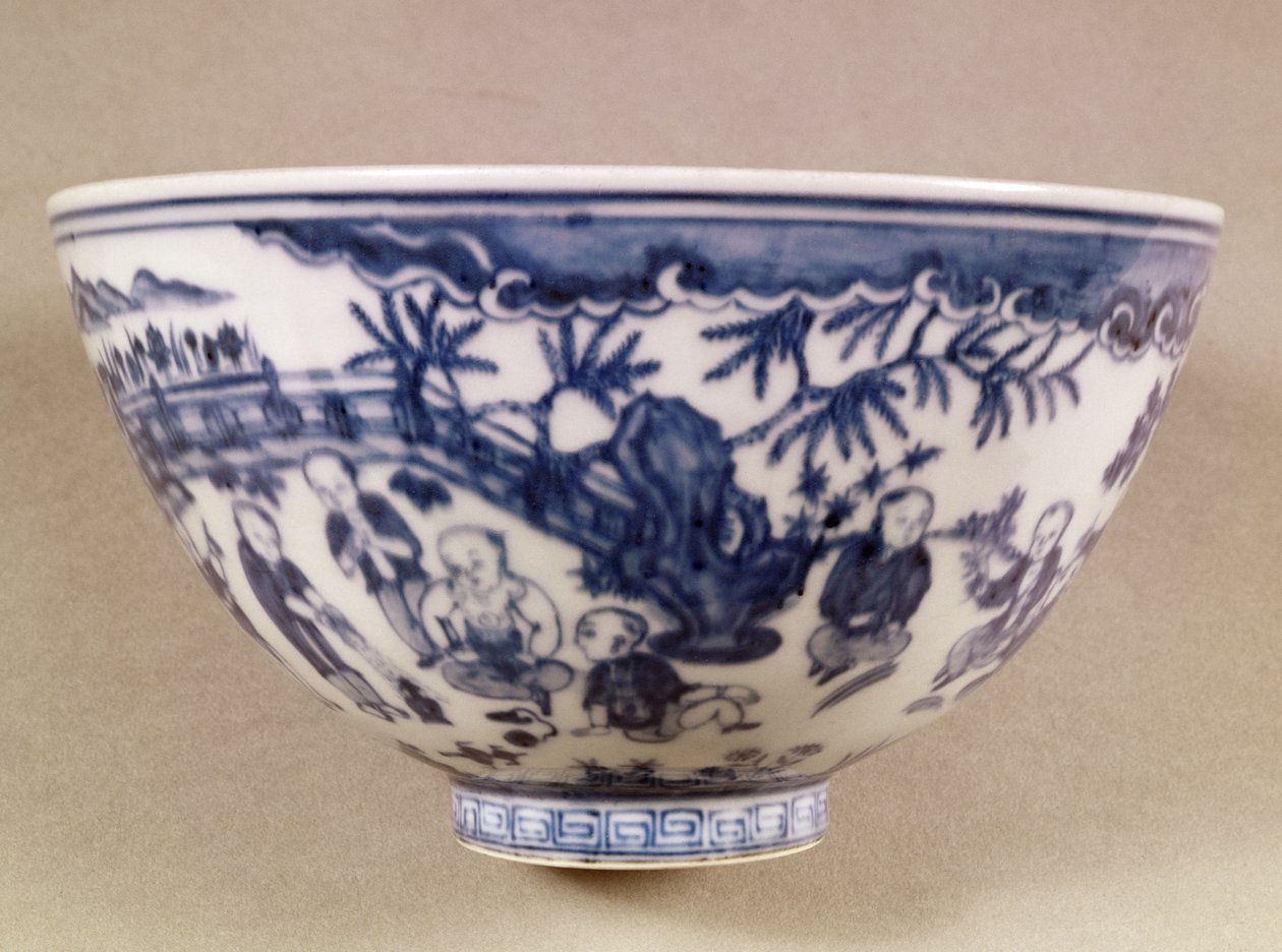 蓝色和白色碗装饰着人物景观，1450-1500（瓷器） 作者 中文学校
