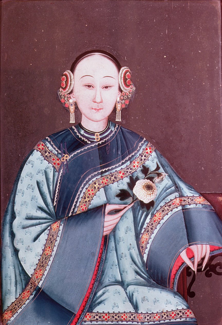 拿着一朵花的传统服装的中国妇女（与木框架的玻璃绘画） 作者 中文学校