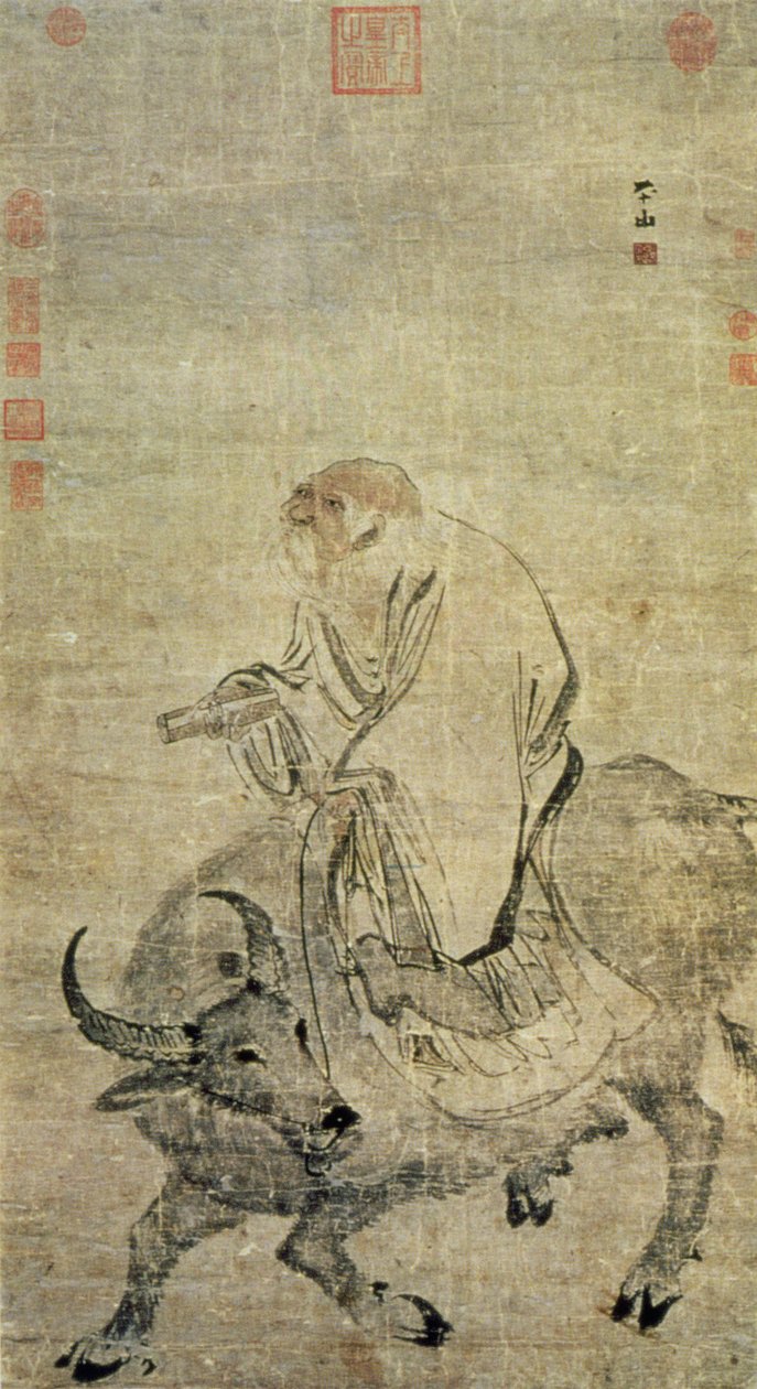 老子（公元前604-531）乘坐他的牛，中国人，明朝（1368-1644）（墨水和wc在丝绸上） 作者 中文学校
