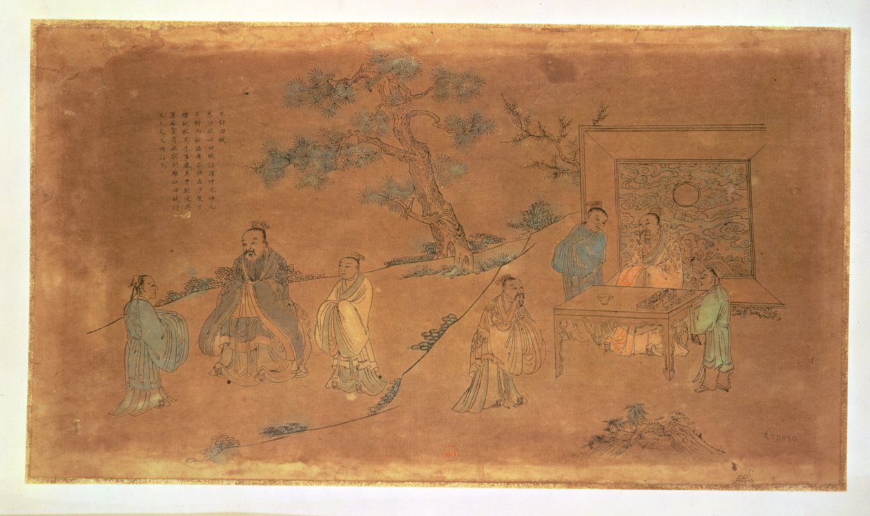 孔子（公元前5-51-479）和他的弟子，清朝（1644-1912）的生活场景（墨水，wc和棕褐色在纸上洗） 作者 中文学校