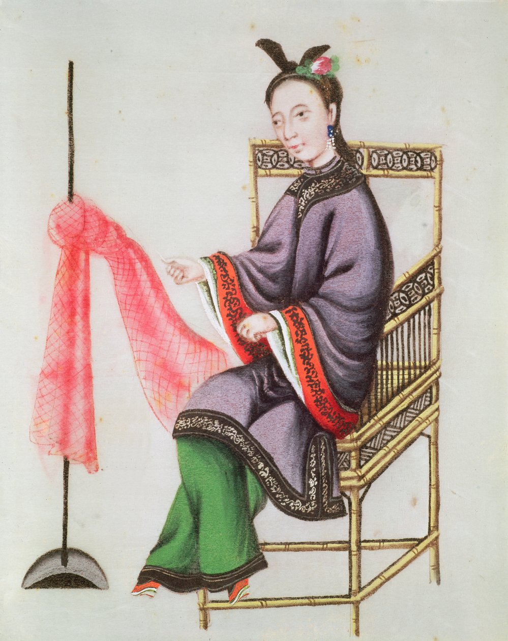 干隆时期（1736-96）中国妇女制渔网（纸上水粉） 作者 中文学校