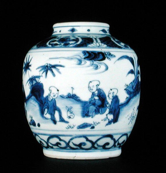 蓝色和白色罐子涂有野兔，万里或崇正的男孩，1600-30（瓷器）（见206093,206094,206096） 作者 中文学校