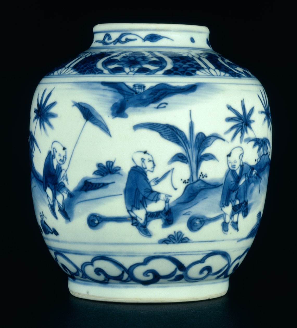 蓝色和白色的罐子涂上男孩在玩花球，万里或崇正，1600-30（瓷器）（见206093,206095,206096） 作者 中文学校