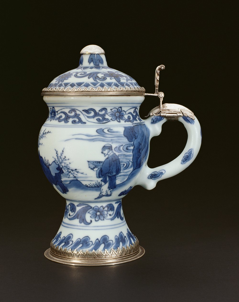 蓝色和白色芥末罐盖有学者和服务员，崇正，1635-40（瓷器） 作者 中文学校